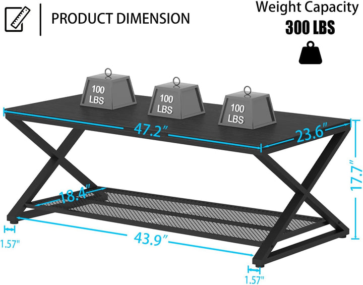 Elegant Black Oak Coffee Table, Modern 2-Tier Center Tables with Storage