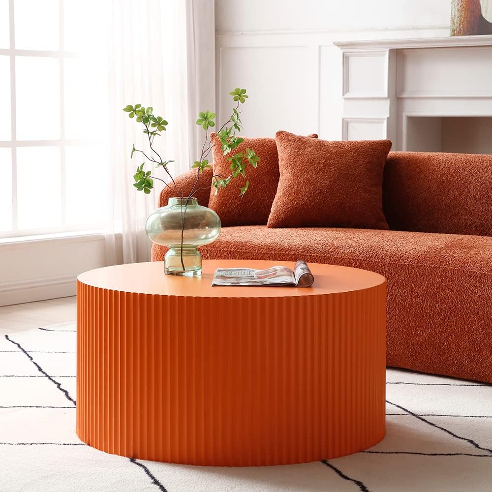 Modern Nesting Coffee Table Set, Round Wooden Drum Tables, Matte Orange