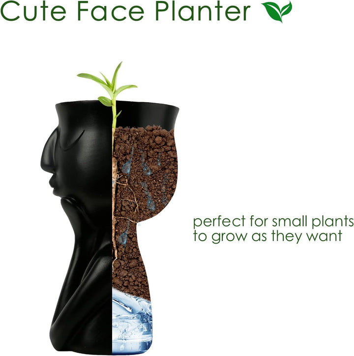 Unique Face Planter | Indoor and Outdoor Head Pot Designs for Succulents and Seeds, Black