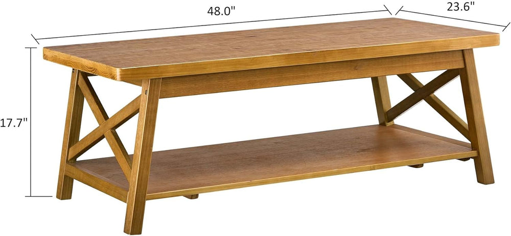 Modern Farmhouse Solid Wood Coffee Table with Storage Shelf, Rustic Oak