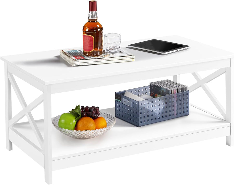 Stylish 2-Tier Wood Coffee Table with Storage Shelf, X-Shaped, White