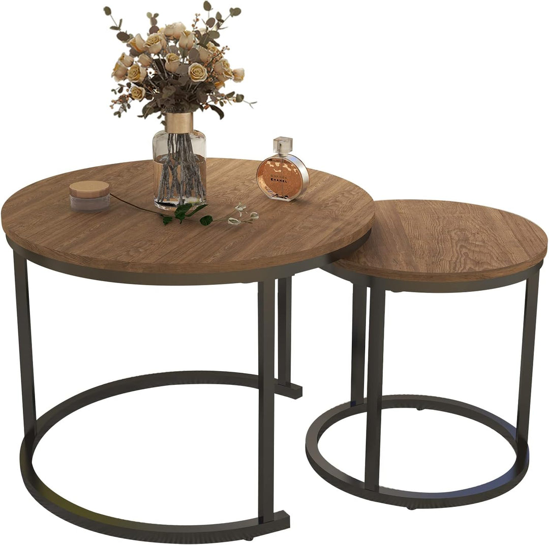 Industrial Nesting Coffee Table Set, Modern Walnut Accent Tables