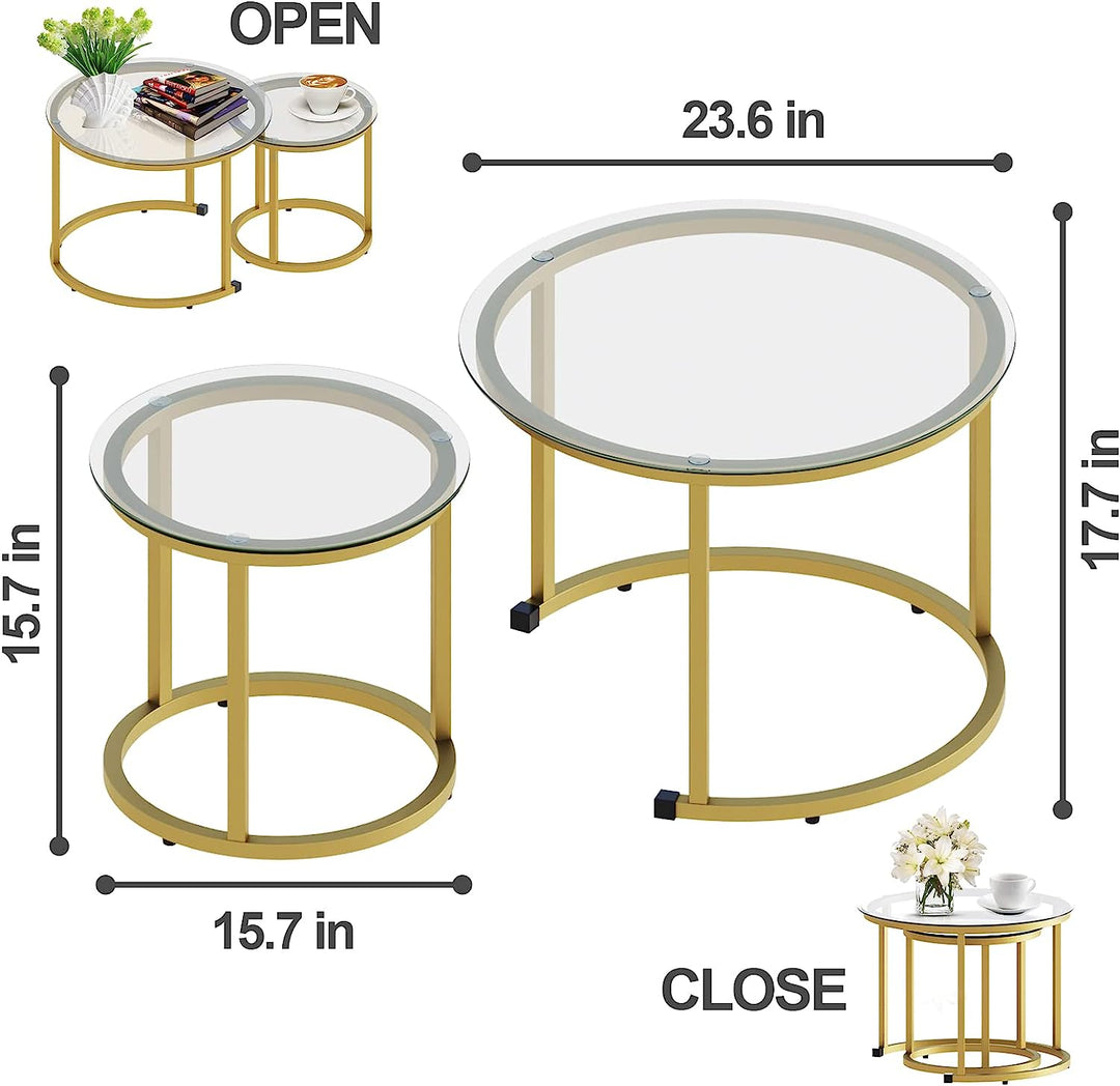 Gold Nesting Coffee Table Set of 2, Glass Tables