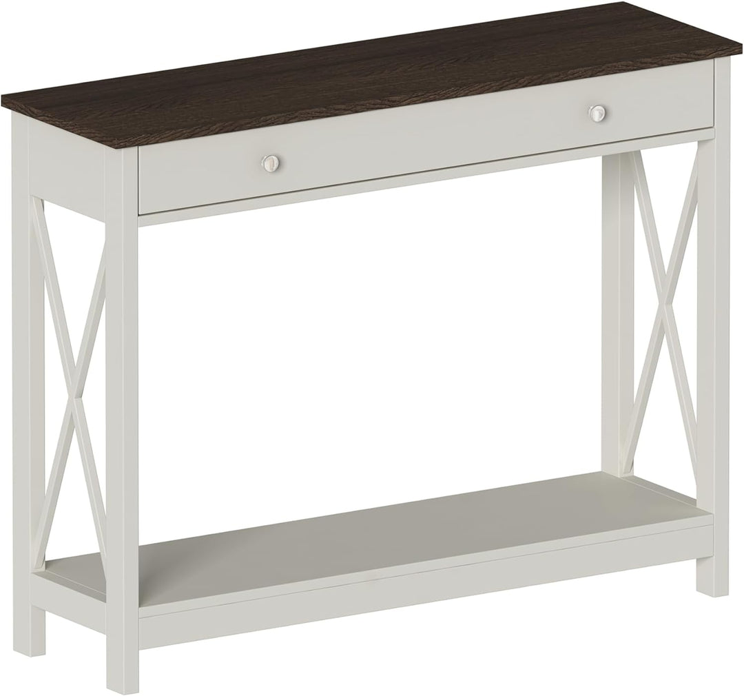 Oxford Design Farmhouse Console Table, Antique White & Brown