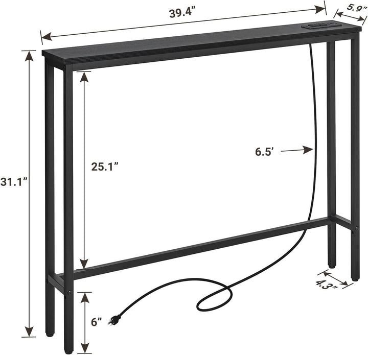 5.9" Console Sofa Table Power Outlets Metal Frame