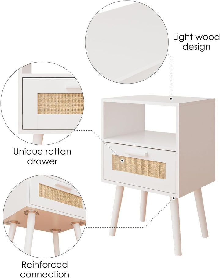 Rattan Nightstand, Wood Accent Table with Storage