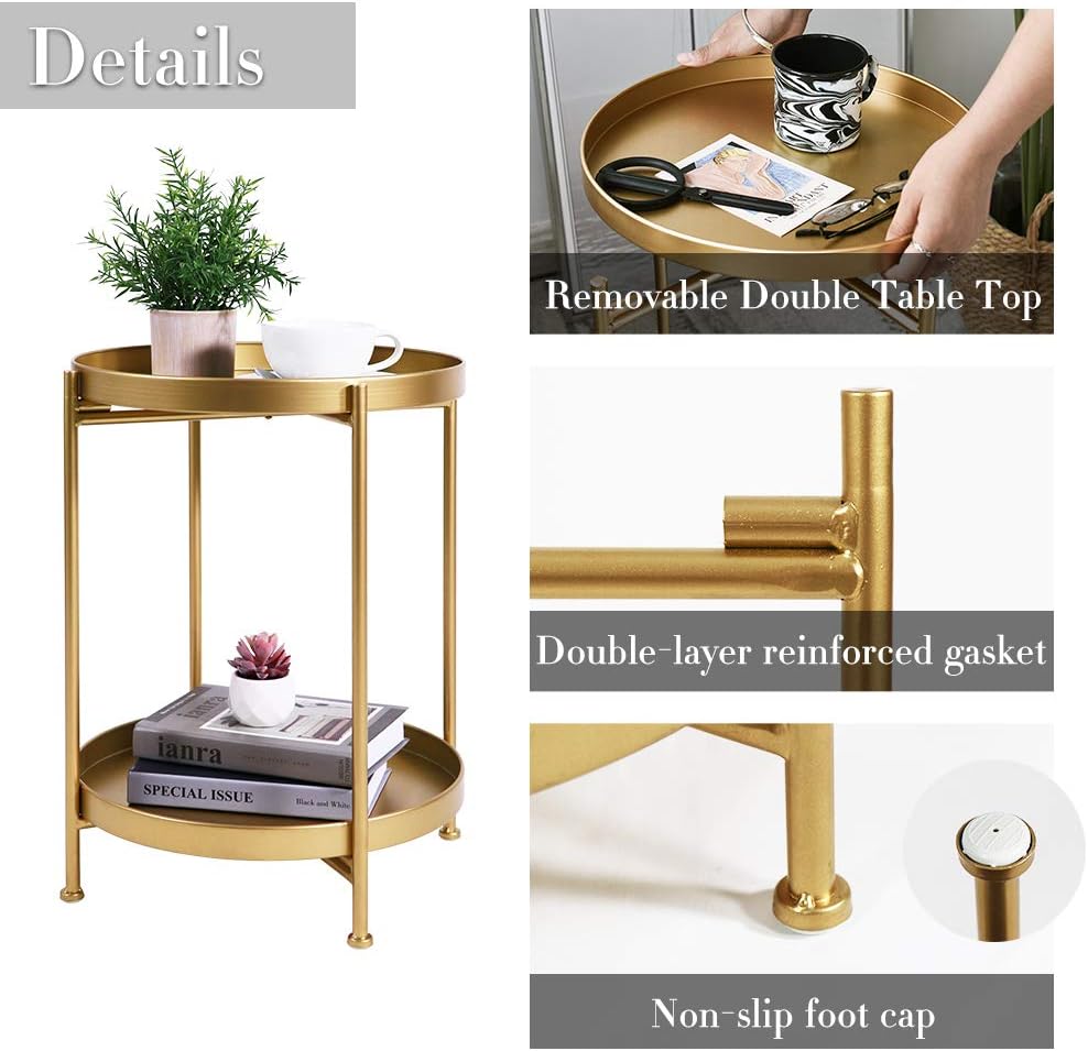 2-Tier End Table Metal Round Side Table, Gold