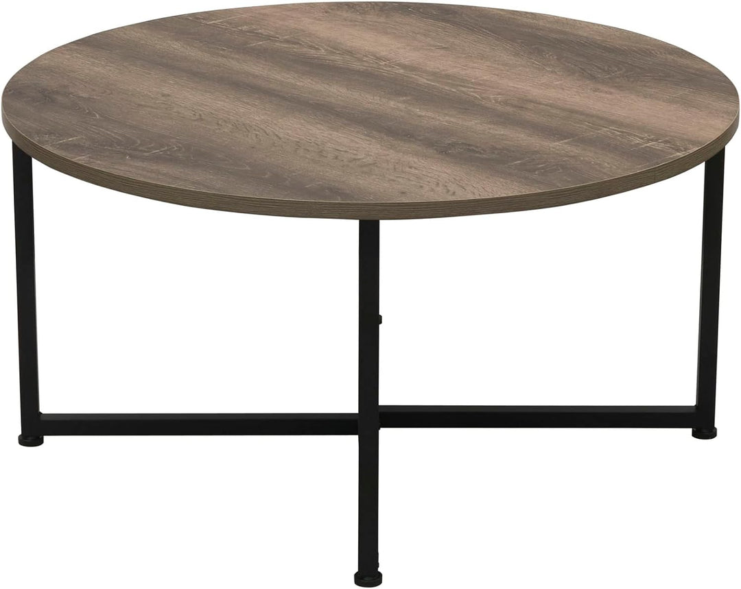 Jamestown Round Coffee Table, Rustic Wood Grain and Black Metal