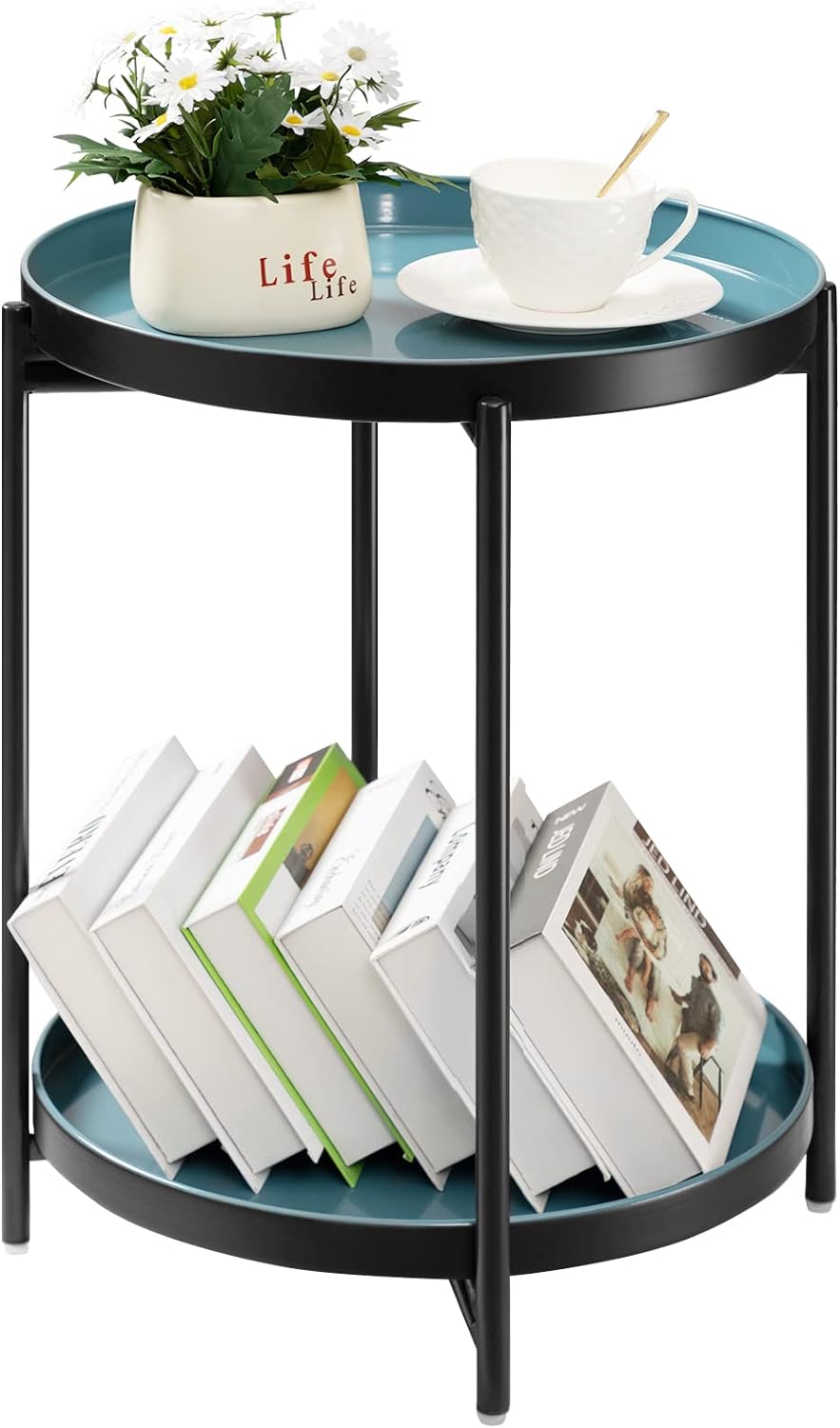 2 Tier Round Side Table, Folding Black Metal End