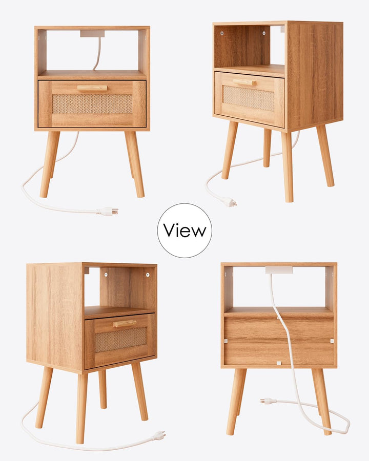 Nightstands with Charging Station, Rattan Drawers