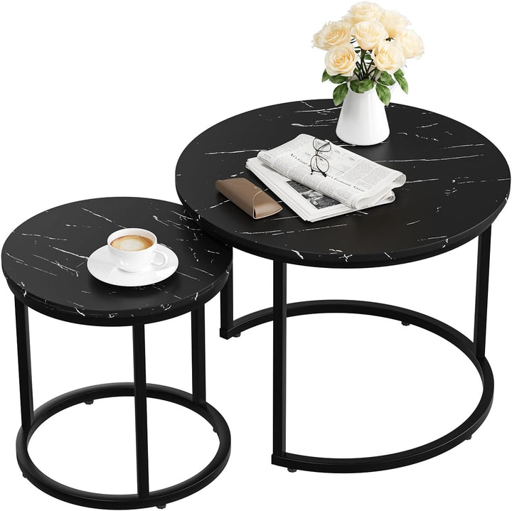 Black Nesting Coffee Table Set, Round Wood Grain Top, Industrial End Tables, Black