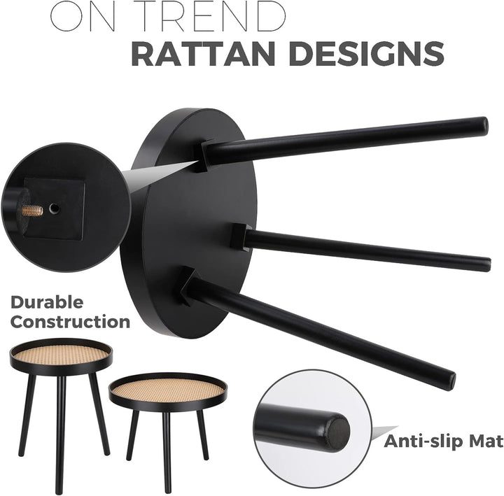 Rattan Round Side Table, Black Small End Table