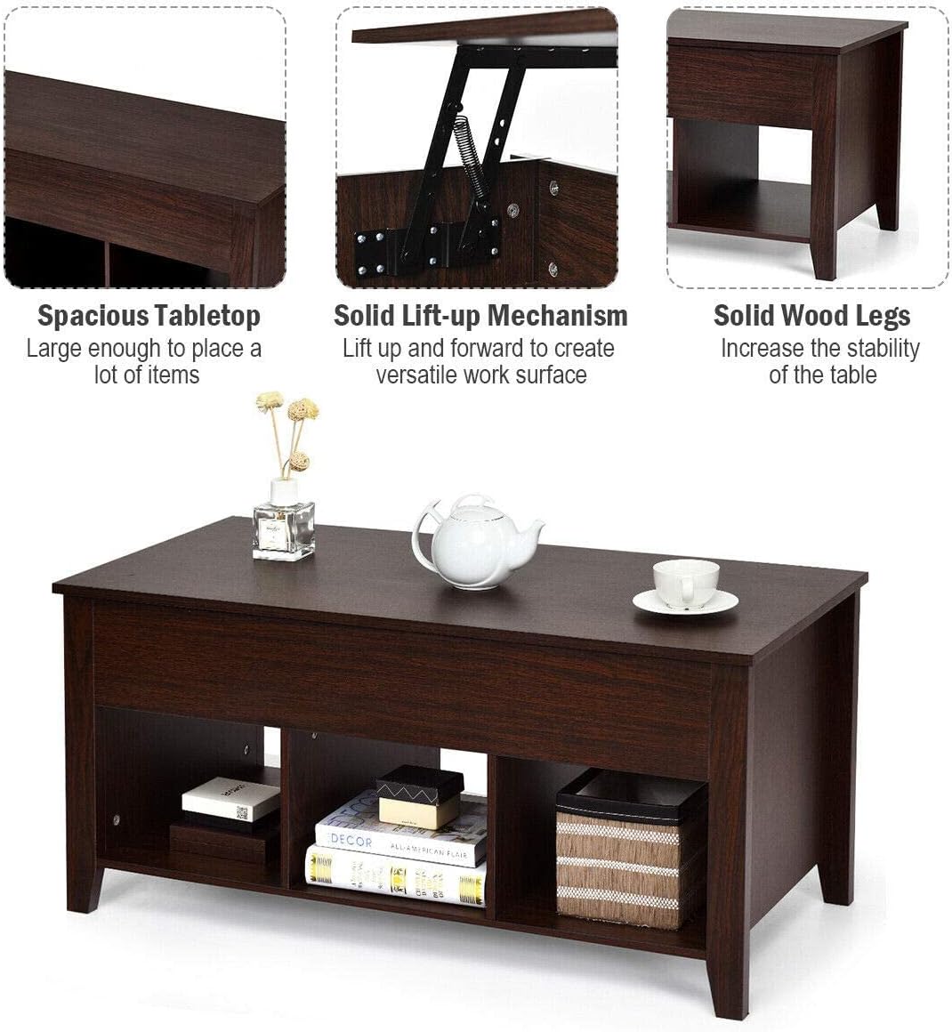 Lift Top Coffee Table with Hidden Storage, Wooden Accent Furniture, Espresso