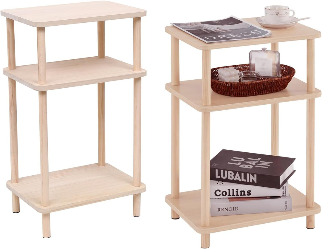 Set of 2 Solid Wood End Tables, 3-Tier Side Tables