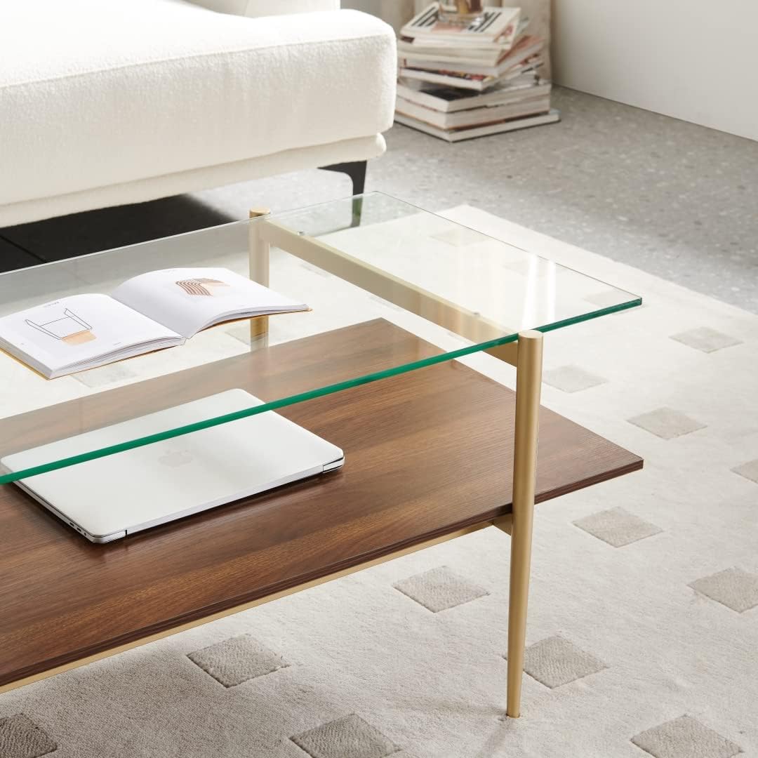 Elegant Glass Coffee Table with Walnut Wood Top, Gold Finish