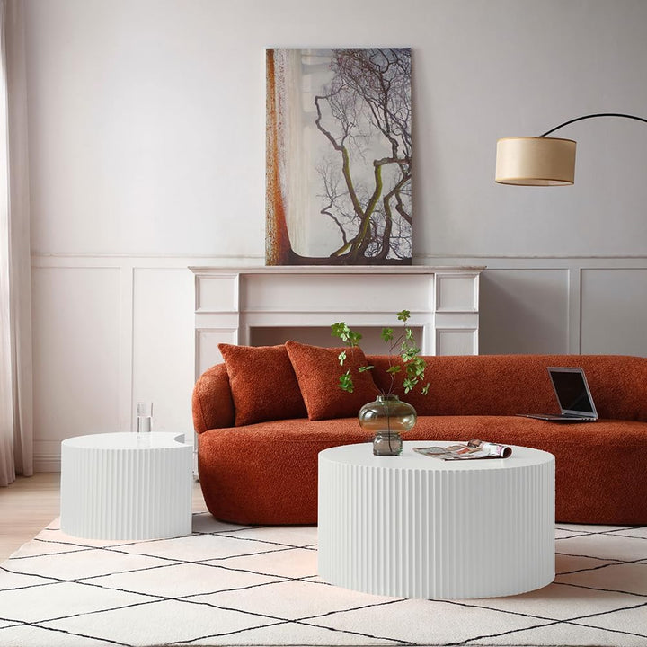 Modern Luxury Nesting Coffee Table Set, Wood Circle Drum, Round-white-2