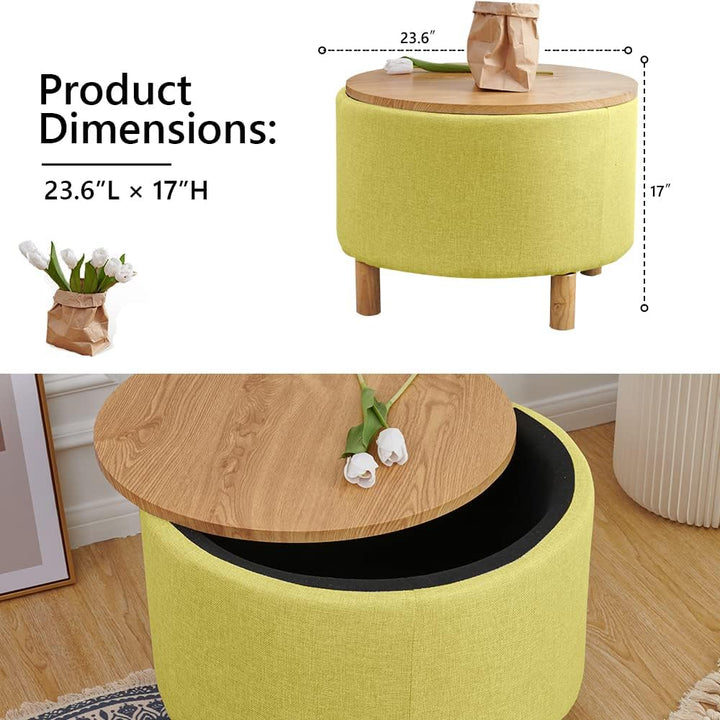 Round Coffee Table with Storage, Multi-Function Ottoman, Light Green