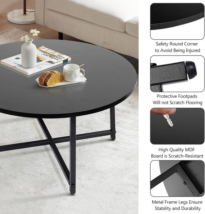 Round Coffee Table - Stylish Modern Small Coffee Table, Black