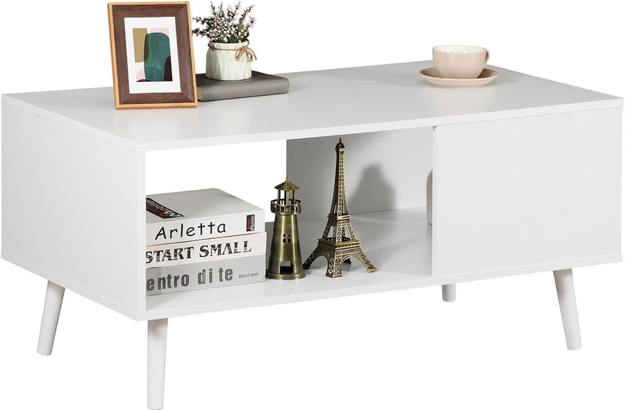 2 Tier Wooden Coffee Table with Open Storage Shelf, White