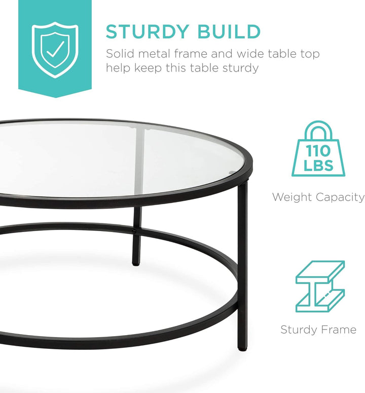 Modern Round Tempered Glass Accent Side Coffee Table, Black