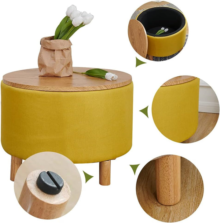 Round Coffee Table with Storage, Multi-Function Ottoman, Natural Color