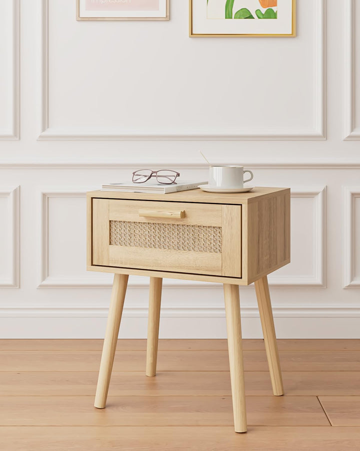 Wooden Nightstands with Rattan Weaving Drawer