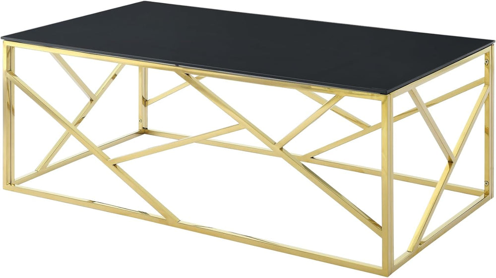 Modern Rectangular Glass Coffee Table, Black Tempered Glass Top, Gold