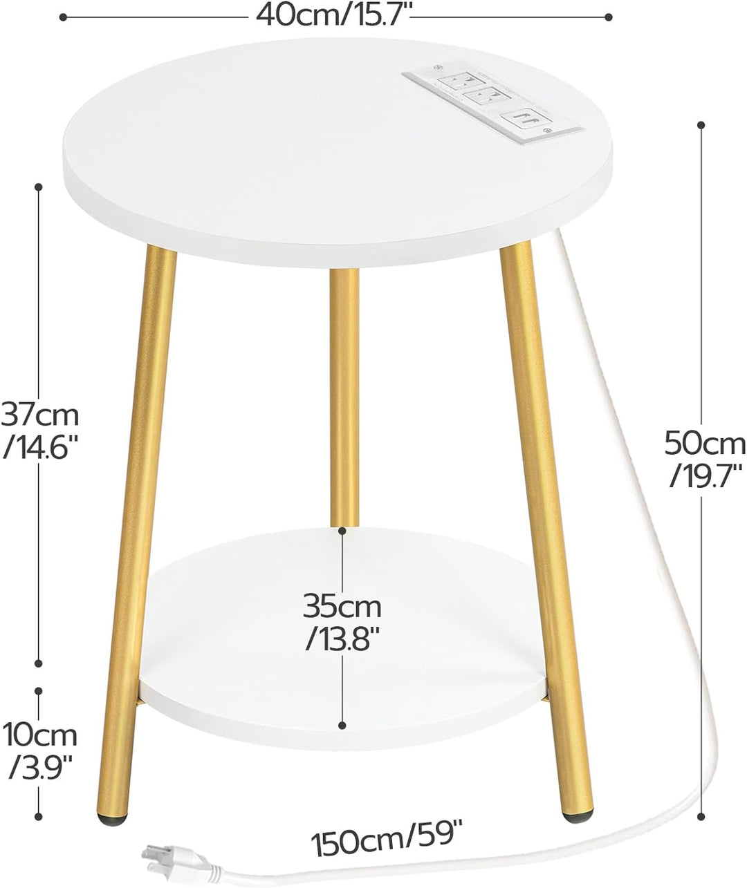 Round End Table, 2-Tier Side Table, White Gold