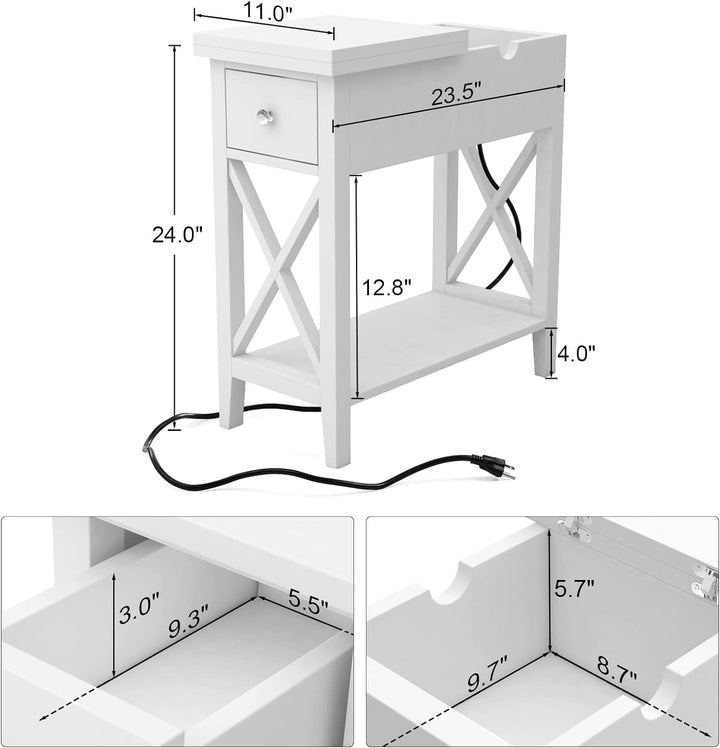 End Table with Charging Station, Narrow White