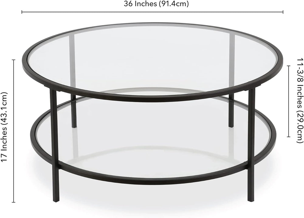 Blackened Bronze Round Coffee Table with Glass Top, Modern