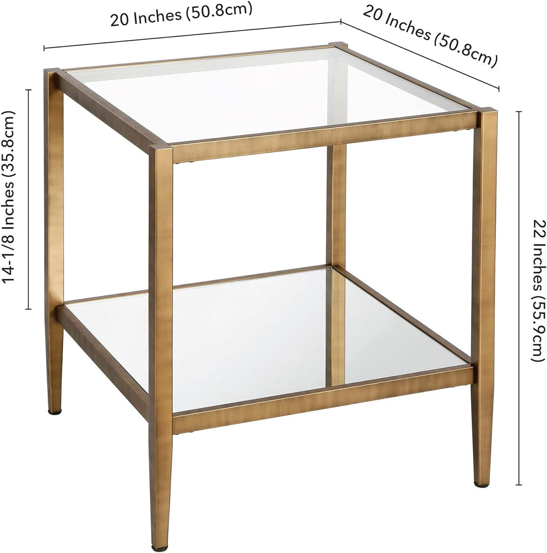 Elegant Square Side Table with Mirror Shelf, Brass Finish