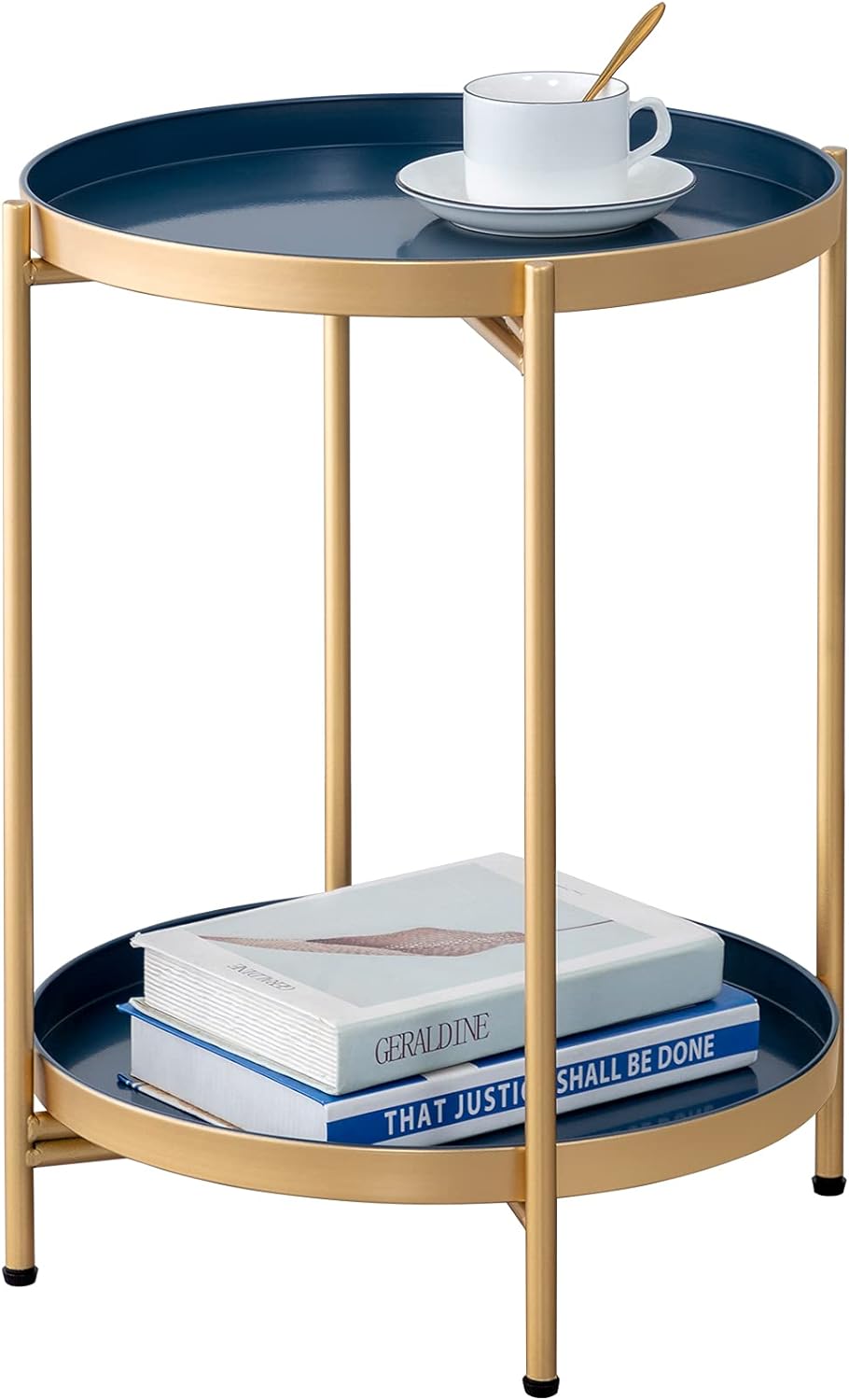 Folding End Table 2-Tier Metal Round Side (GoldBlue)