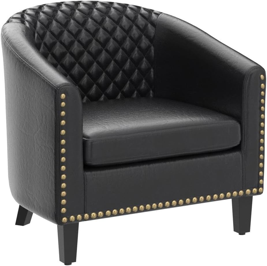 Armchair Barrel Club Chair,Modern PU Leather Accent Chair Arm Club Chair w/Nailheads and Solid Wood Legs,Tub Barrel Style Lounge Chair (Black)