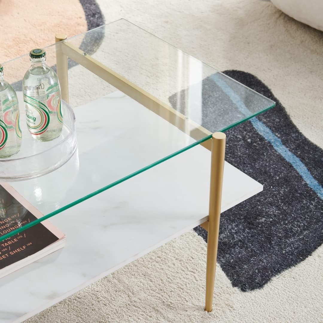 Elegant Glass Coffee Table, Double Layer Design, Gold Frame