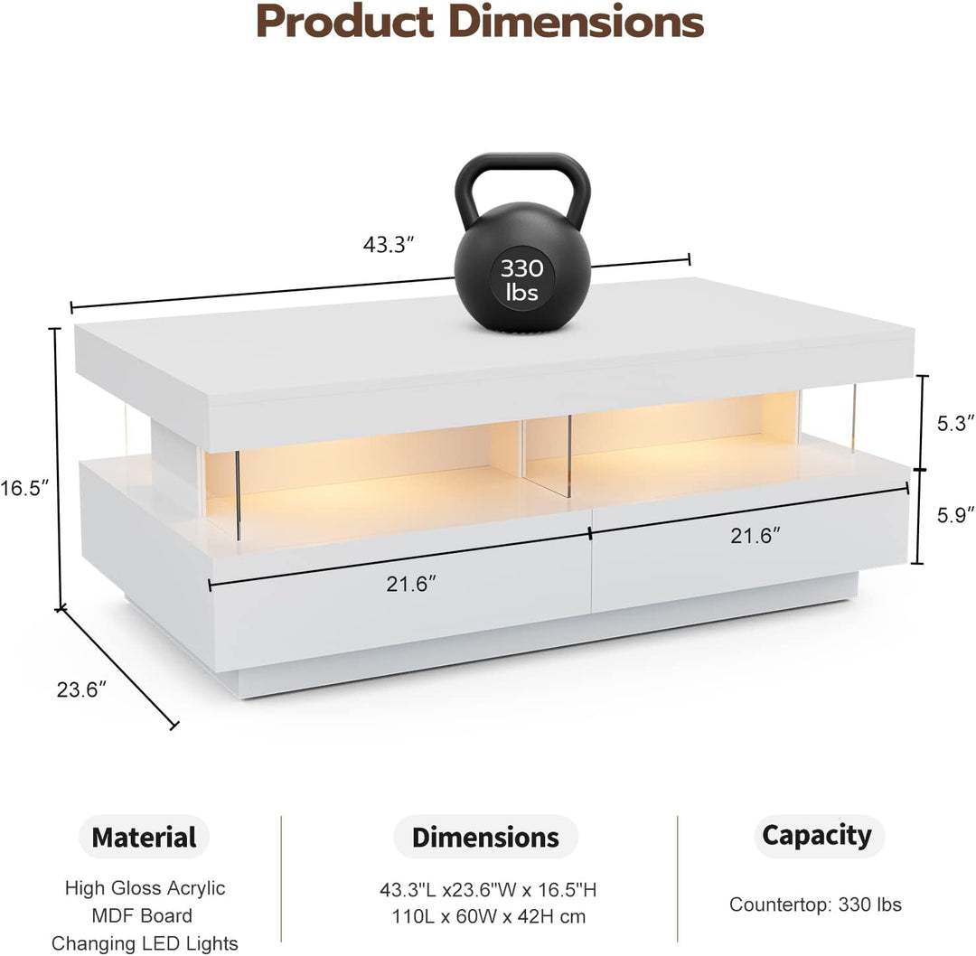 Modern LED Coffee Table, White High Gloss Finish, Acrylic Design