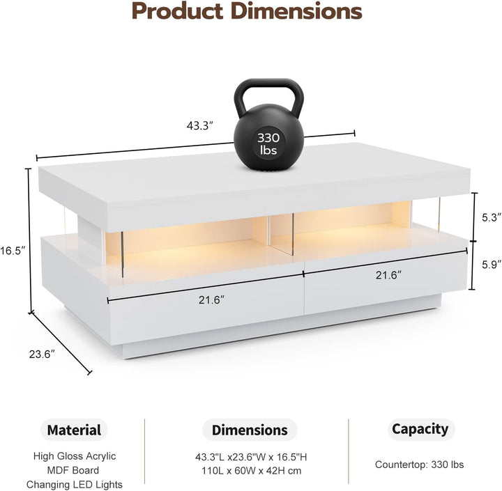 Modern LED Coffee Table, White High Gloss Finish, Acrylic Design