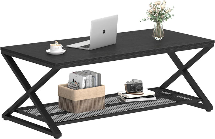 Elegant Black Oak Coffee Table, Modern 2-Tier Center Tables with Storage