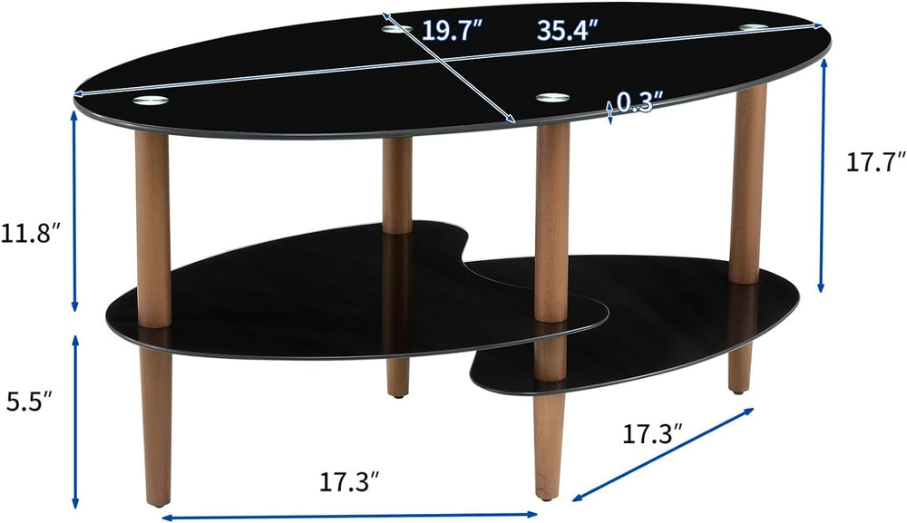 Modern Oval Glass Coffee Table with Oak Wood Legs, Black