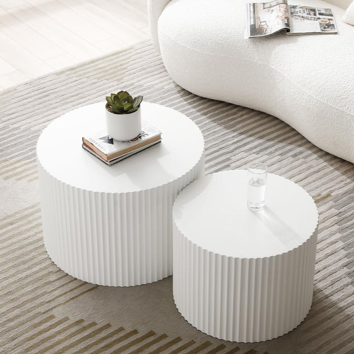 Set of 2 White Round Coffee Tables, Modern Nesting Coffee Table, Round-white-1