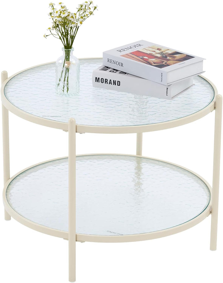 Cream White Round Coffee Table with Water-Wave Glass Circle