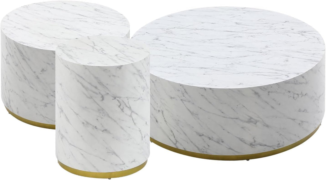 Round Coffee Table, Modern Wood Faux Marble, Drum Nesting, Marble White