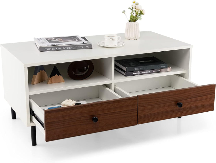 GOFLAME Modern Coffee Table, Drawers, Open Shelves, Steel Legs, White