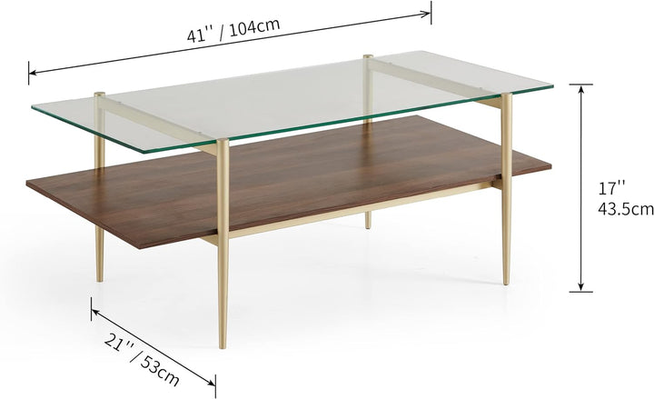 Elegant Glass Coffee Table with Walnut Wood Top, Gold Finish