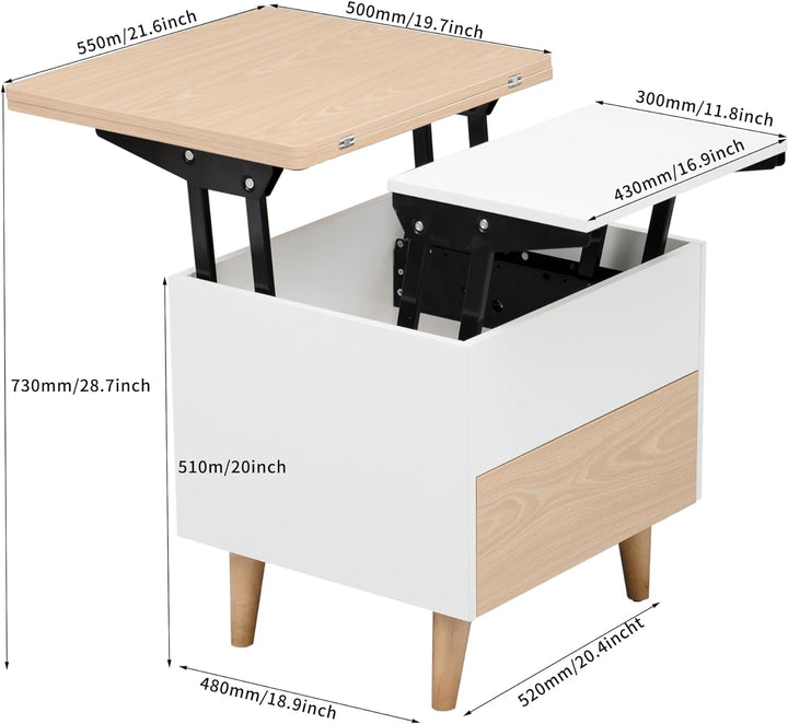 Lift Top Coffee Table with Storage Drawer, Extendable Tabletop, White/Oak