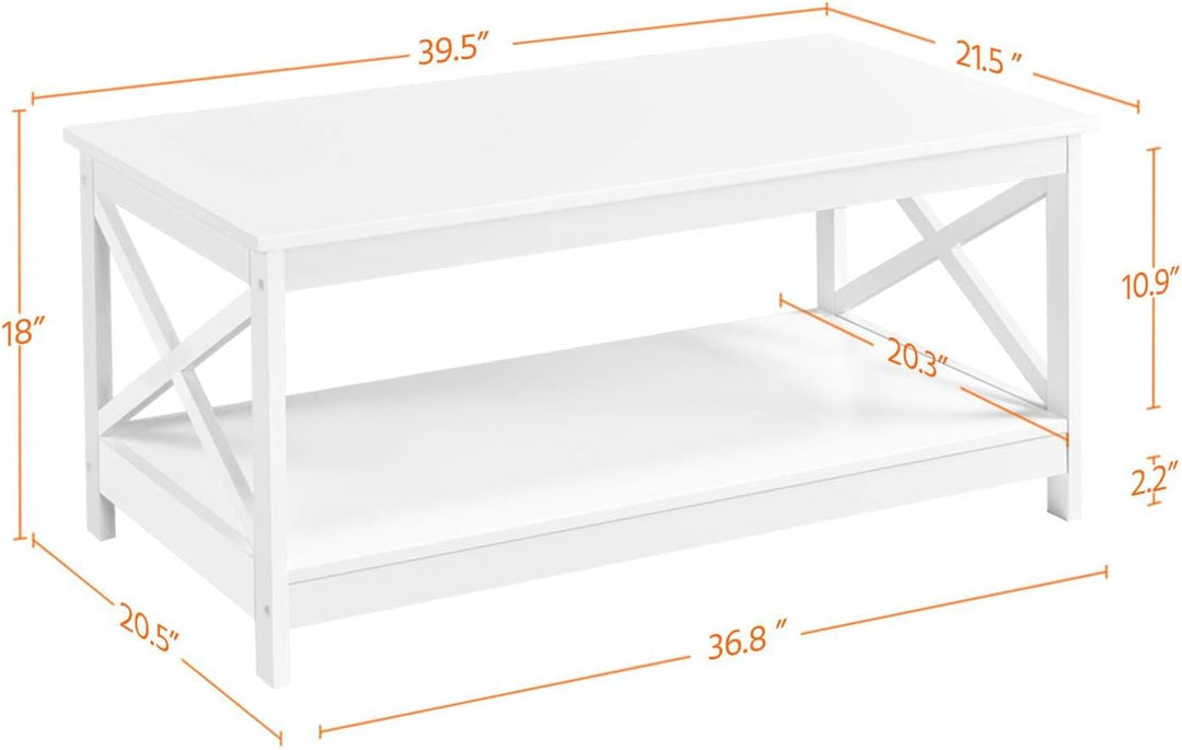 Stylish 2-Tier Wood Coffee Table with Storage Shelf, X-Shaped, White