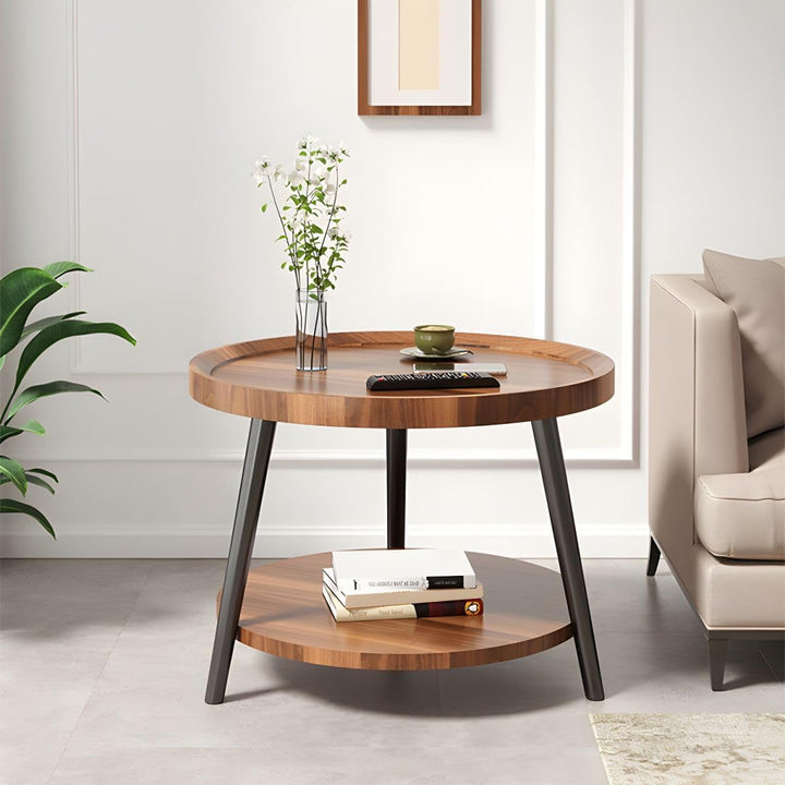 Round Coffee Table, Living Room Table with 2-Tier Storage, Walnut