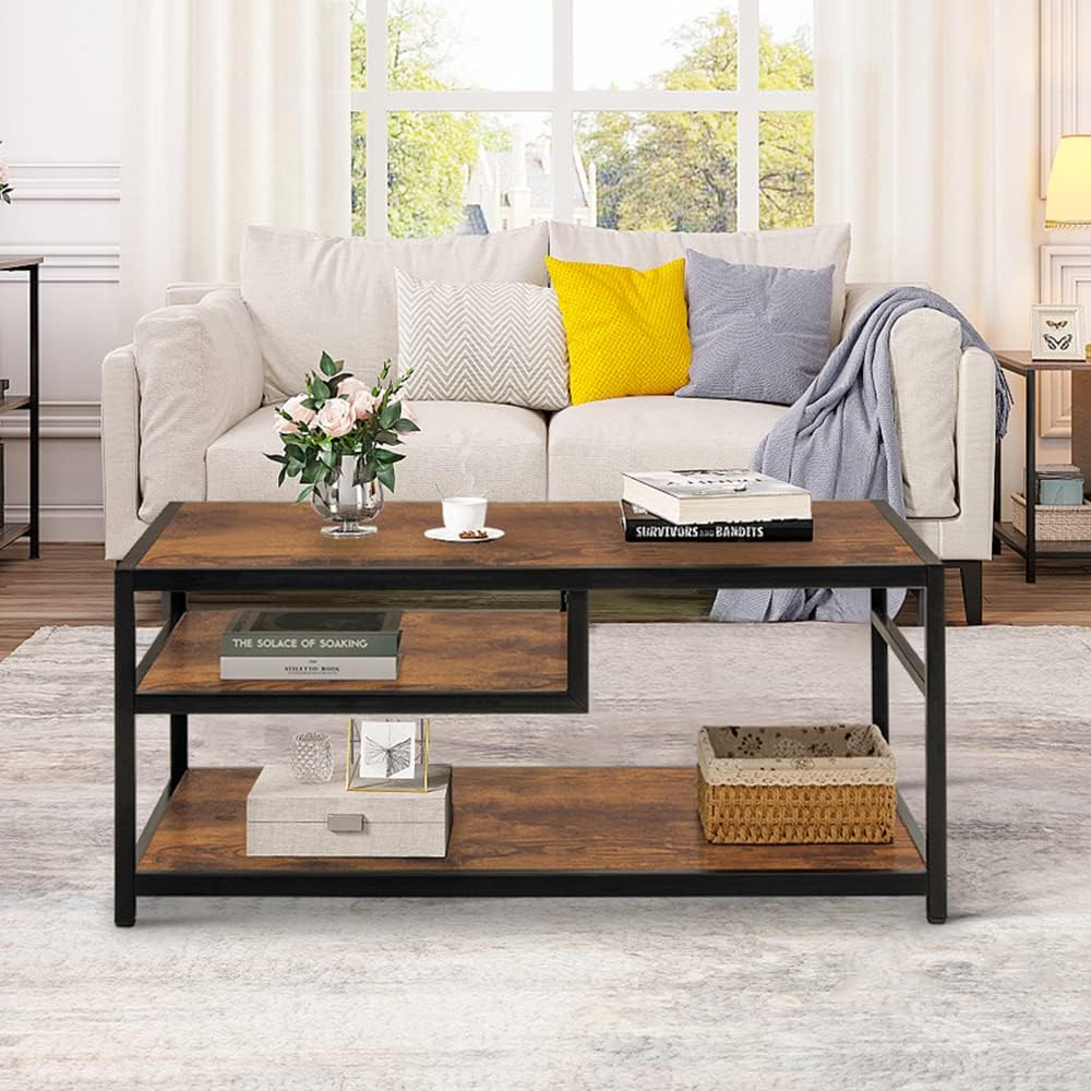 Rustic Industrial Coffee Table with Storage Shelves, Brownblack