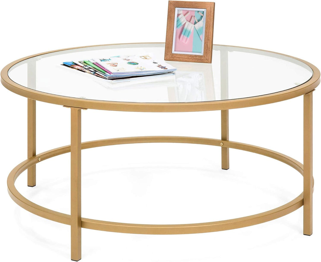 Modern Round Tempered Glass Accent Side Coffee Table, Bronze Gold