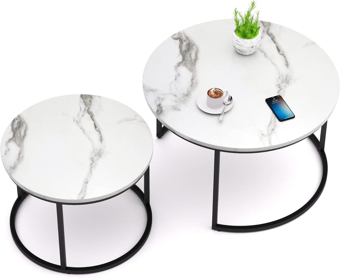 White Nesting Coffee Table Set, Wooden Marble Pattern, Adjustable Feet