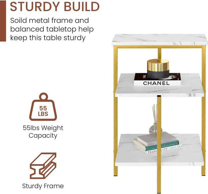 Marble Side End Table, 3-Tier Sofa Table, Accent